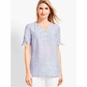 Talbots Stripe 100% Linen Tie Sleeve Shirt Blue and White XL Nautical Preppy
